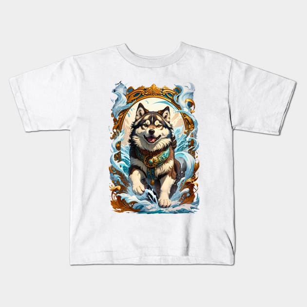 Alaskan Malamute magical wind retro vintage tribal design Kids T-Shirt by Neon City Bazaar